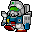 Pixel art of a mecha with green visor, blue torso, red feet, and silver armor in four sequential poses showing arm movement.