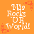 Pixelated orange background with white text 'My Rocks UR World!' and red square patterns in four identical quadrants.