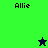 Pixelated green and dark blue background with 'Allie' text in four corners, two star icons changing color between frames.
