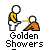 Pixelated animation of two stick figures: one standing in yellow shirt and white pants, the other crouching in orange shirt, with a yellow line connecting their hands. Text below reads "Golden Showers".