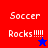 A split-screen animation shows two versions of "Soccer Rocks !!!!" text with a star symbol changing color between blue and red.