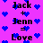 Pixelated text and blue hearts on a purple background with repeated 'Jack + Jenn = Love' phrases.