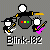 Pixel art of a band performing with drums, guitar, and bass; text below reads 'Blink-182' in white block letters on gray background.