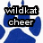 Blue paw print with white star on white background, overlaid by black text reading 'wildkat cheer' in pixelated font.