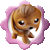 Pixelated static icon of a brown dog with pink floral border on gray background.