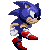 Six pixel-art frames of a blue hedgehog character in motion, showing walking and running poses with red shoes and white gloves against gray background.