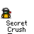 Animated contact sheet of a pixel art buddy icon showing sequential frames of two characters interacting with text "Secret Crush" below each frame.