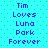 Blue text on cyan background with green dots, displaying "Tim Loves Luna Park Forever" in two vertical