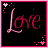 Four animated frames of a pixelated 'Love' text icon with pink and red gradient, surrounded by small star-like sparkles on black background.
