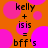 A static image with orange background and pink circles, displaying text 'kelly + isis = bff's' in two identical vertical sections.