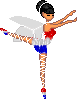 Pixelated fairy figure in ballet pose with wings, red bodice, blue shorts, and striped legs against gray background.