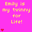 A bright pink background displays repeated yellow text "Emily is my twinnny for Life!" with red heart symbols in vertical