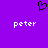 Purple background with black pixelated heart symbol above two white 'peter' text instances.
