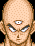 Pixelated character with bald head and three eyes, showing two distinct facial expressions in adjacent frames.