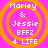 Four identical pixelated icons arranged in a on a bright pink background, each featuring orange concentric circles and white text reading "Marley & Jessie BFFZ 4 LIFE"