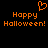Black background with orange pixelated text 'Happy Halloween!' repeated twice and a pixelated heart symbol above the left text.