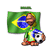 Pixelated cartoon character in green shirt holding soccer ball with Brazilian flag background.