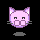 Pixelated pink cat face with closed eyes and whiskers, showing animation changes in heart count and mouth expression against black background.