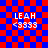 Red and blue checkered background with four identical text blocks displaying 'LEAH' above '<3333', each block having a distinct pixelated outline effect.
