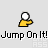 Pixelated character with white circular head and yellow body, two identical frames showing arm position change, text "Jump On It!" below.