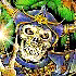 Animated icon shows a skeletal figure with glowing eyes and ornate blue-and-gold headgear against green foliage, transitioning to dark silhouettes of mounted figures on rocky terrain.