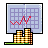 Pixel art icon shows a computer monitor displaying a purple grid with a red line graph, below which are brown and white checkered buildings on a green base.