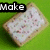 Four identical rectangular objects with white frosting and colorful sprinkles on a green background, each labeled with a single word in black text.