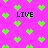 Bright pink background with scattered green pixelated hearts and four instances of the word "LIVE" in black block letters.