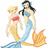 Two pixelated mermaids stand side-by-side on a white background, with one wearing red top and yellow tail, the other blue top and light blue tail.