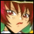 Pixelated anime-style character with red hair and green clothing, next to stylized text on a black background.
