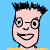 Cartoon character with spiky black hair and round glasses displays five distinct facial expressions against a solid light blue background.
