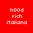 Red background with white pixelated text 'hood', 'rich', and 'italiana' arranged in four , each showing different green bar placements