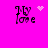 Pixelated 'My love' text in dark purple on bright pink background with animated heart and starburst effects.