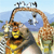 Pixelated image of two giraffes with brown and white spotted patterns, one holding a yellow object, against a blue sky and green landscape background.