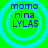 Four identical circular icons with blue concentric rings on a bright green background, each containing blue text reading "momo nina LYLAS" in a pixelated font.