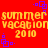 Red background with yellow text repeating 'summer summer vacation vacation 2010' and purple square patterns.