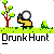 Pixel art animation of a yellow figure holding a white ball, falling through grassy terrain with trees and 'Drunk Hunt' text below.