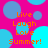 Pixelated graphic with bright pink background and blue circles, orange text reading Live Laugh Love Summer! arranged in four quadrants.