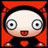 Pixelated cartoon character with large eyes and red hooded clothing against black background with text.