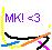 Pixelated icon with purple text 'MK!' and '<3' above a colorful curved line on white background.