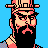 Pixel art portrait of a bearded character with sunglasses and a hat against a solid blue background, rendered in 48x48 pixels with limited color palette.