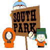 Four South Park cartoon characters and scenes arranged in a : Stan Marsh holding a 'SOUTH PARK' sign, Eric Cartman at a podium with soldiers behind him, Kyle Broflovski and Wendy Testaburger standing together, and a brain labeled 'Fat Ass'