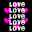 Pixelated text and pink hearts on black background, with 'LOVE' repeated vertically in white block letters.
