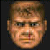 A pixelated face with light brown hair and a red vertical line on the nose, showing five distinct expressions including neutral, angry, squinting, and glowing yellow eyes.