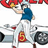 Pixelated figure in blue sleeveless top and white pants holds red and yellow object above head, standing on white background with gray mechanical elements.