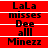 Red background with white horizontal lines and black text reading "LaLa misses Dee all Minezz" in a pattern, with visible pixelation and slight text distortion across repeated