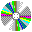A circular pixelated icon with alternating colored segments rotating around a central gray hub, displaying multiple color variations