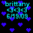 Pixelated cyan text 'brittany <3<3<3 6/19/09' surrounded by scattered purple hearts on a black background.
