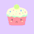 Pixel art cupcake character with pink base, white frosting, green top, and multicolored sprinkles on light purple background.