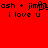 Red background with black pixelated text reading 'ash + jimmy' and 'i love u' in two identical horizontal sections.